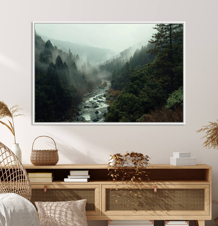 Misty Forest Wall Art | Ready to Hang and Framed | Tranquil Nature Landscape for Living Room or Cabin Wall Decor
