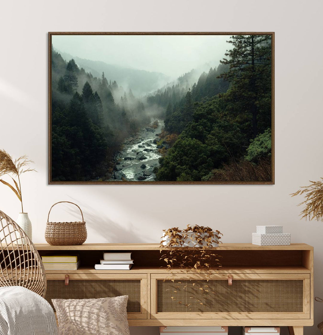 Misty Forest Wall Art | Ready to Hang and Framed | Tranquil Nature Landscape for Living Room or Cabin Wall Decor