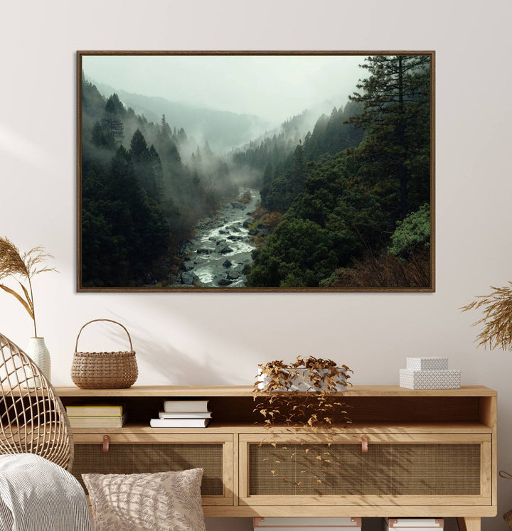 Misty Forest Wall Art | Ready to Hang and Framed | Tranquil Nature Landscape for Living Room or Cabin Wall Decor
