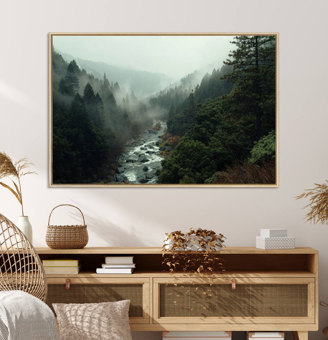 Misty Forest Wall Art | Ready to Hang and Framed | Tranquil Nature Landscape for Living Room or Cabin Wall Decor