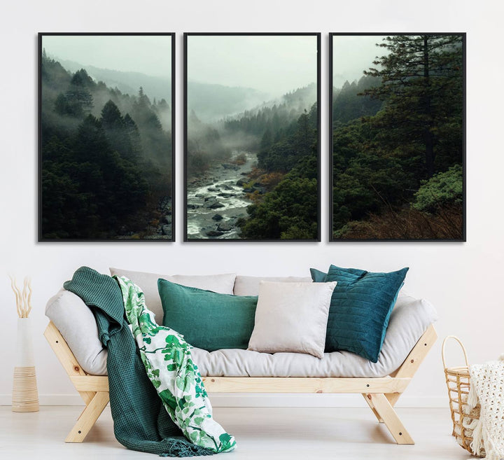 95112-MGV-CV-36X24-Misty Forest Wall Art | Ready to Hang and Framed | Tranquil Nature Landscape for Living Room or Cabin Wall Decor