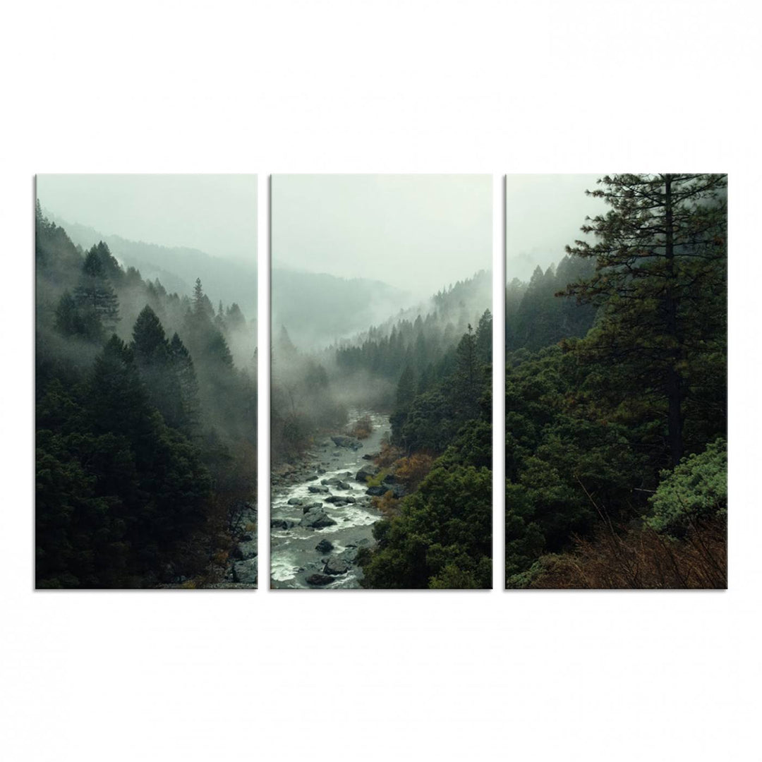 95112-MGV-CV-48X32-3P-Misty Forest Wall Art | Ready to Hang and Framed | Tranquil Nature Landscape for Living Room or Cabin Wall Decor
