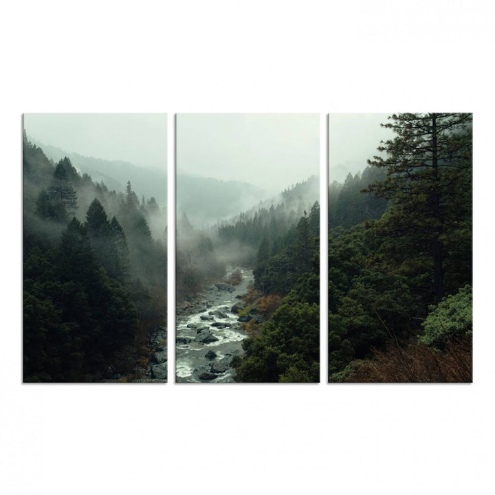 95112-MGV-CV-48X32-3P-Misty Forest Wall Art | Ready to Hang and Framed | Tranquil Nature Landscape for Living Room or Cabin Wall Decor
