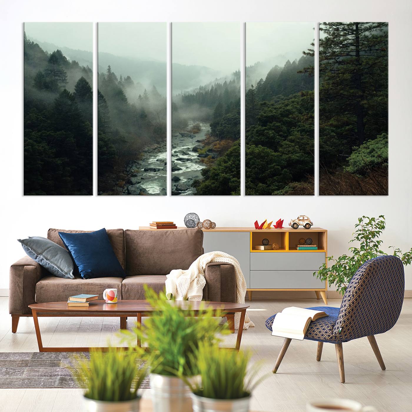 95112-MGV-CV-60X31-5P-Misty Forest Wall Art | Ready to Hang and Framed | Tranquil Nature Landscape for Living Room or Cabin Wall Decor