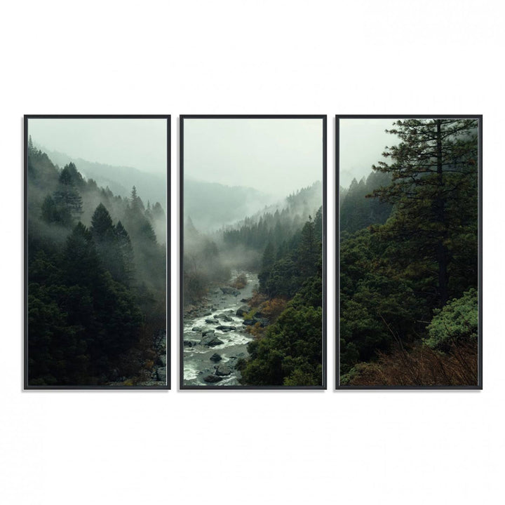 95112-MGV-FC-48X32-3P_Black-Misty Forest Wall Art | Ready to Hang and Framed | Tranquil Nature Landscape for Living Room or Cabin Wall Decor