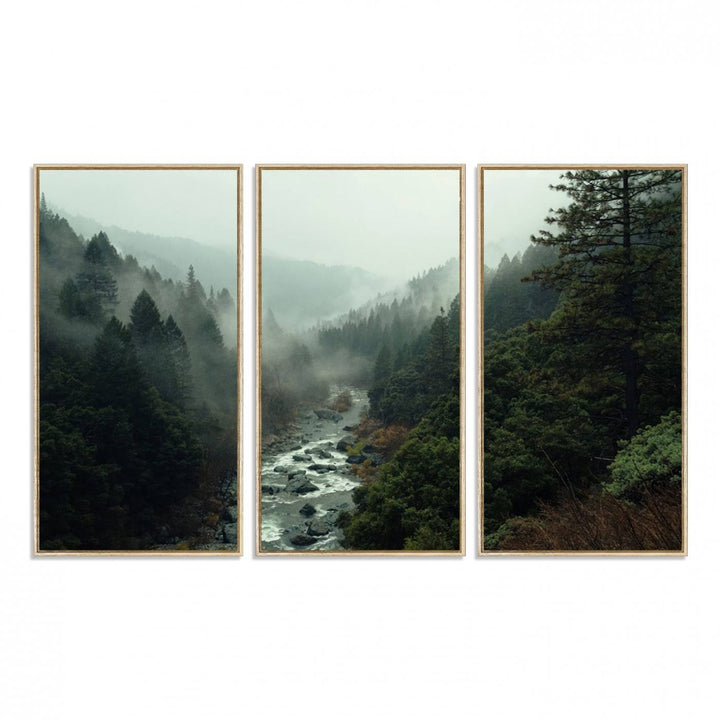 95112-MGV-FC-48X32-3P_Natural-Misty Forest Wall Art | Ready to Hang and Framed | Tranquil Nature Landscape for Living Room or Cabin Wall Decor