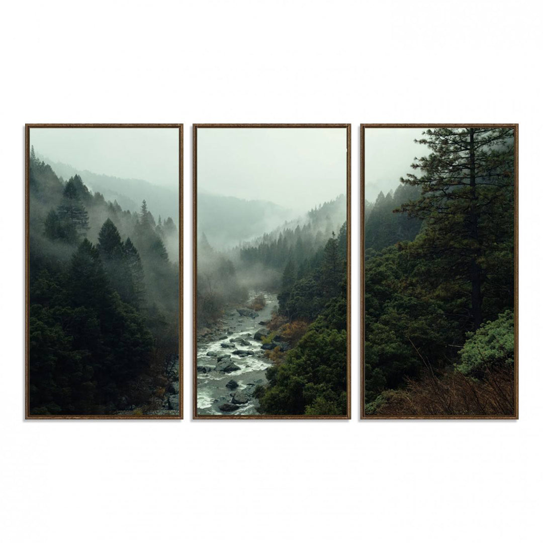 95112-MGV-FC-48X32-3P_Walnut-Misty Forest Wall Art | Ready to Hang and Framed | Tranquil Nature Landscape for Living Room or Cabin Wall Decor