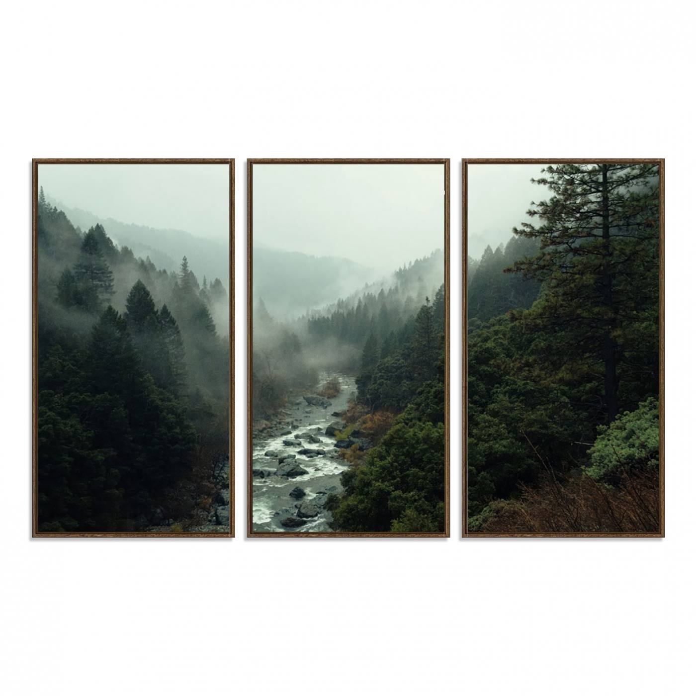 95112-MGV-FC-48X32-3P_Walnut-Misty Forest Wall Art | Ready to Hang and Framed | Tranquil Nature Landscape for Living Room or Cabin Wall Decor