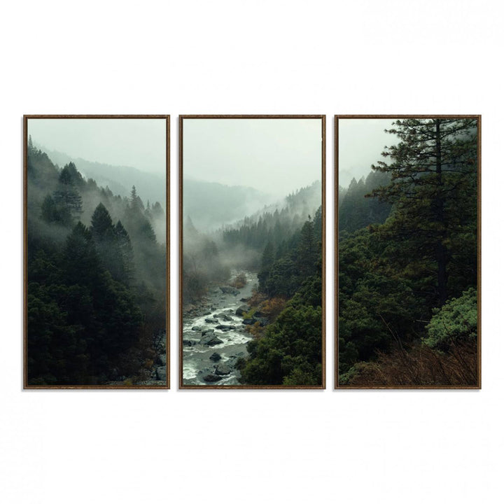 95112-MGV-FC-48X32-3P_Walnut-Misty Forest Wall Art | Ready to Hang and Framed | Tranquil Nature Landscape for Living Room or Cabin Wall Decor