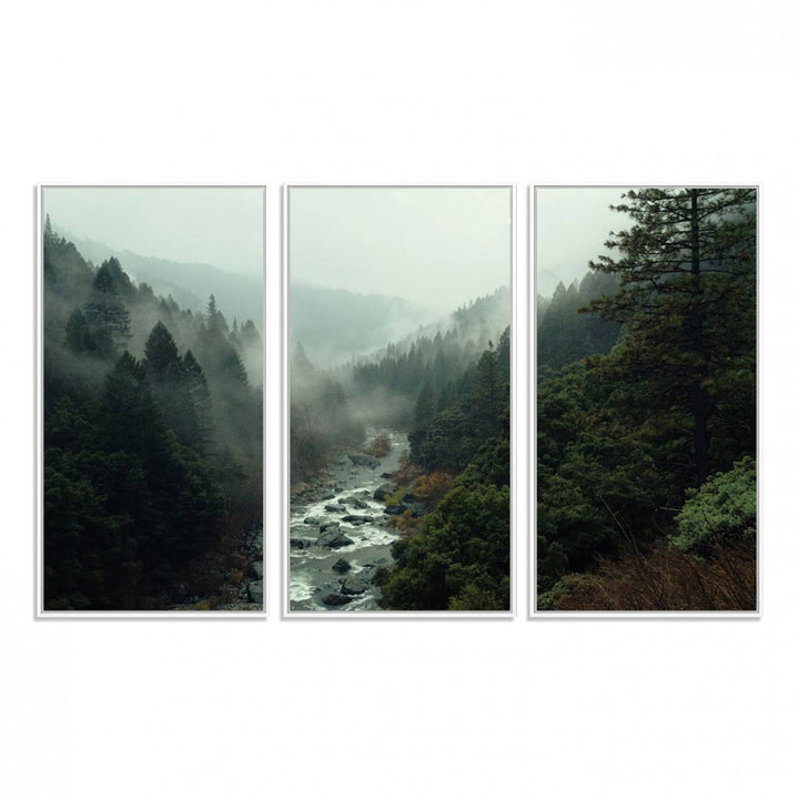 95112-MGV-FC-48X32-3P_White-Misty Forest Wall Art | Ready to Hang and Framed | Tranquil Nature Landscape for Living Room or Cabin Wall Decor