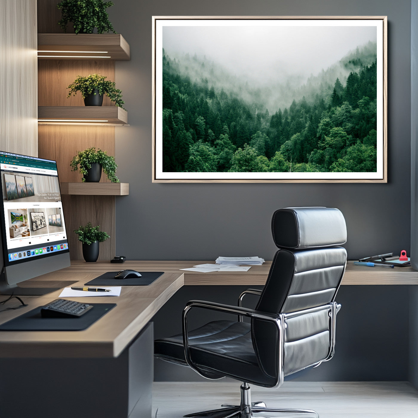 45265379-MGC-FP-36x24_Natural-Misty Green Forest Canvas Print – Serene Foggy Pine Landscape Wall Art, Tranquil Nature Decor for Bedroom, Meditation Room & Modern Homes