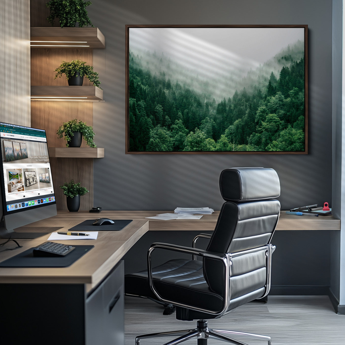 Misty Green Forest Canvas Print – Serene Foggy Pine Landscape Wall Art, Tranquil Nature Decor for Bedroom, Meditation Room & Modern Homes