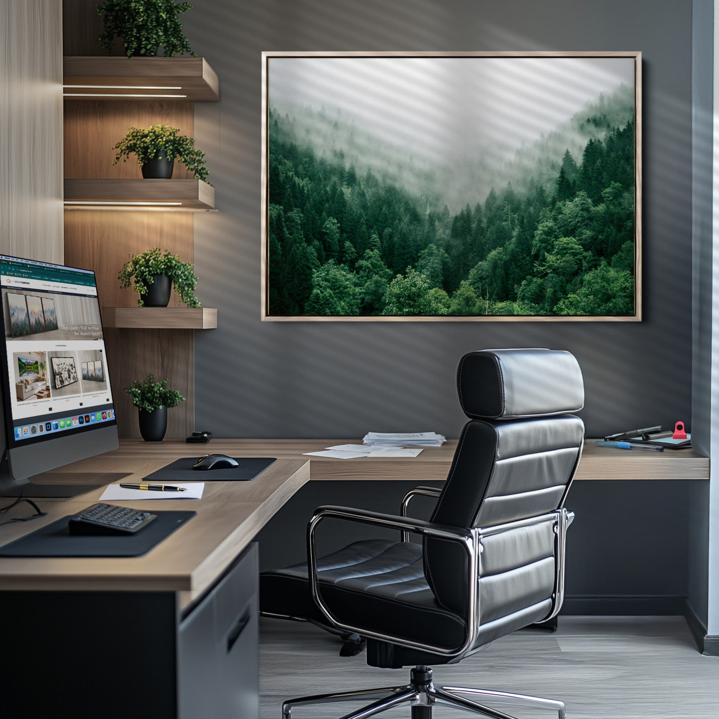 Misty Green Forest Canvas Print – Serene Foggy Pine Landscape Wall Art, Tranquil Nature Decor for Bedroom, Meditation Room & Modern Homes