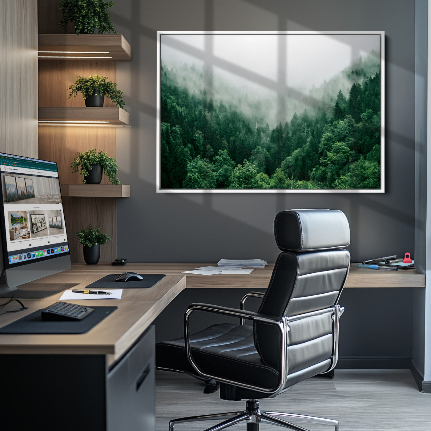 Misty Green Forest Canvas Print – Serene Foggy Pine Landscape Wall Art, Tranquil Nature Decor for Bedroom, Meditation Room & Modern Homes