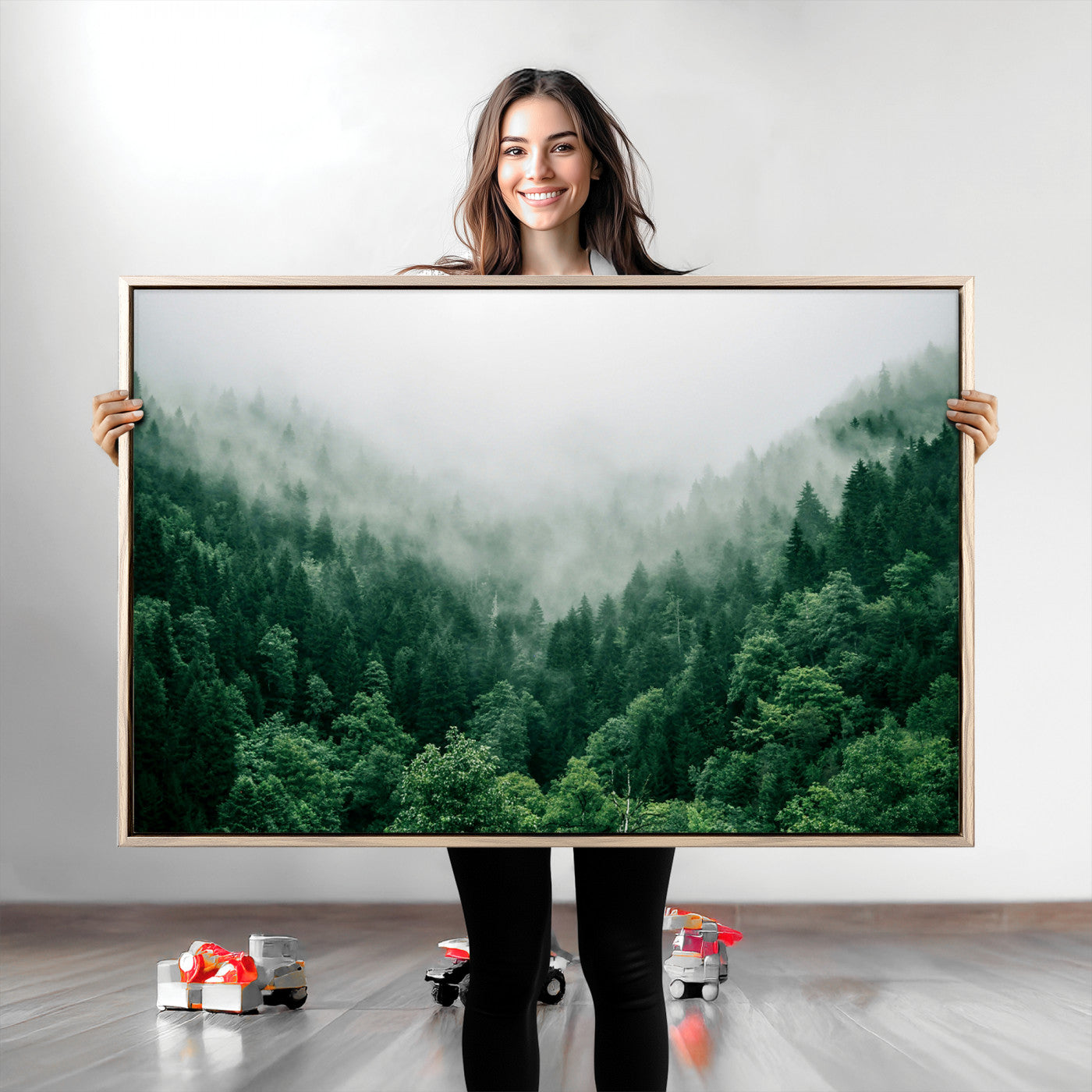 Misty Green Forest Canvas Print – Serene Foggy Pine Landscape Wall Art, Tranquil Nature Decor for Bedroom, Meditation Room & Modern Homes