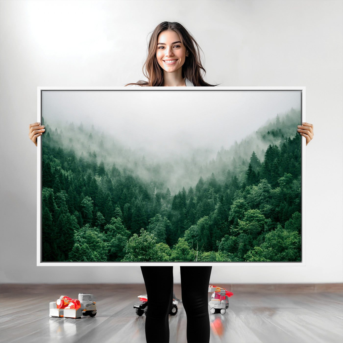 Misty Green Forest Canvas Print – Serene Foggy Pine Landscape Wall Art, Tranquil Nature Decor for Bedroom, Meditation Room & Modern Homes