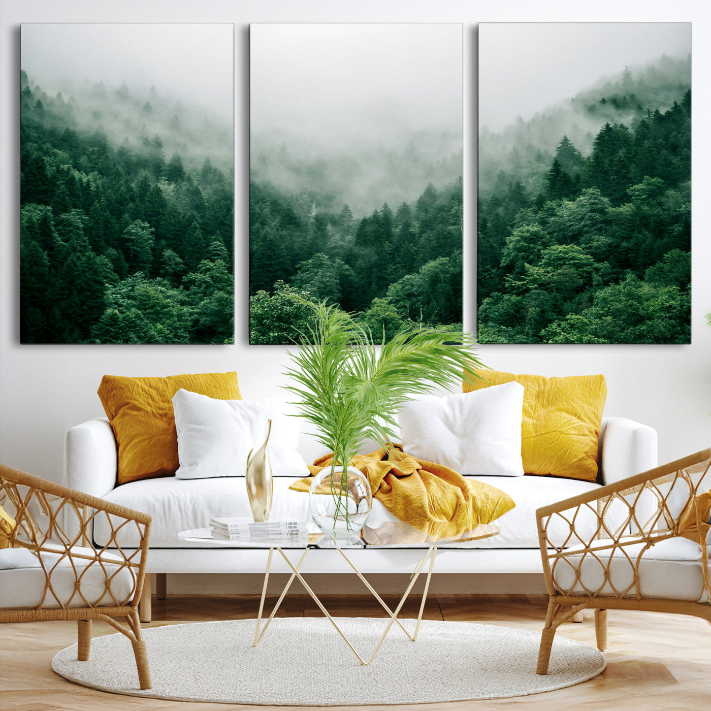 Misty Green Forest Canvas Print – Serene Foggy Pine Landscape Wall Art, Tranquil Nature Decor for Bedroom, Meditation Room & Modern Homes