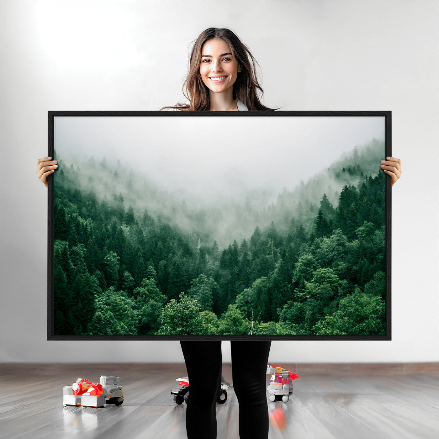 Misty Green Forest Canvas Print – Serene Foggy Pine Landscape Wall Art, Tranquil Nature Decor for Bedroom, Meditation Room & Modern Homes