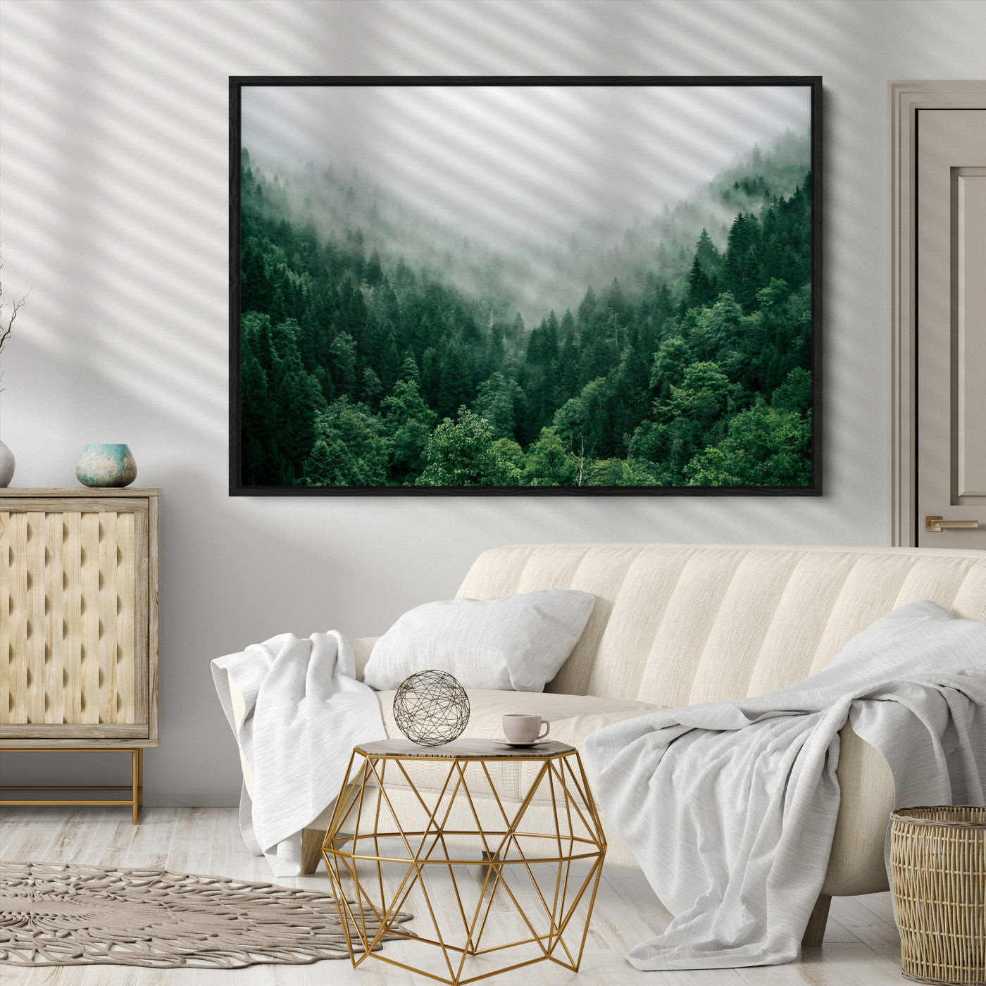 Misty Green Forest Canvas Print – Serene Foggy Pine Landscape Wall Art, Tranquil Nature Decor for Bedroom, Meditation Room & Modern Homes