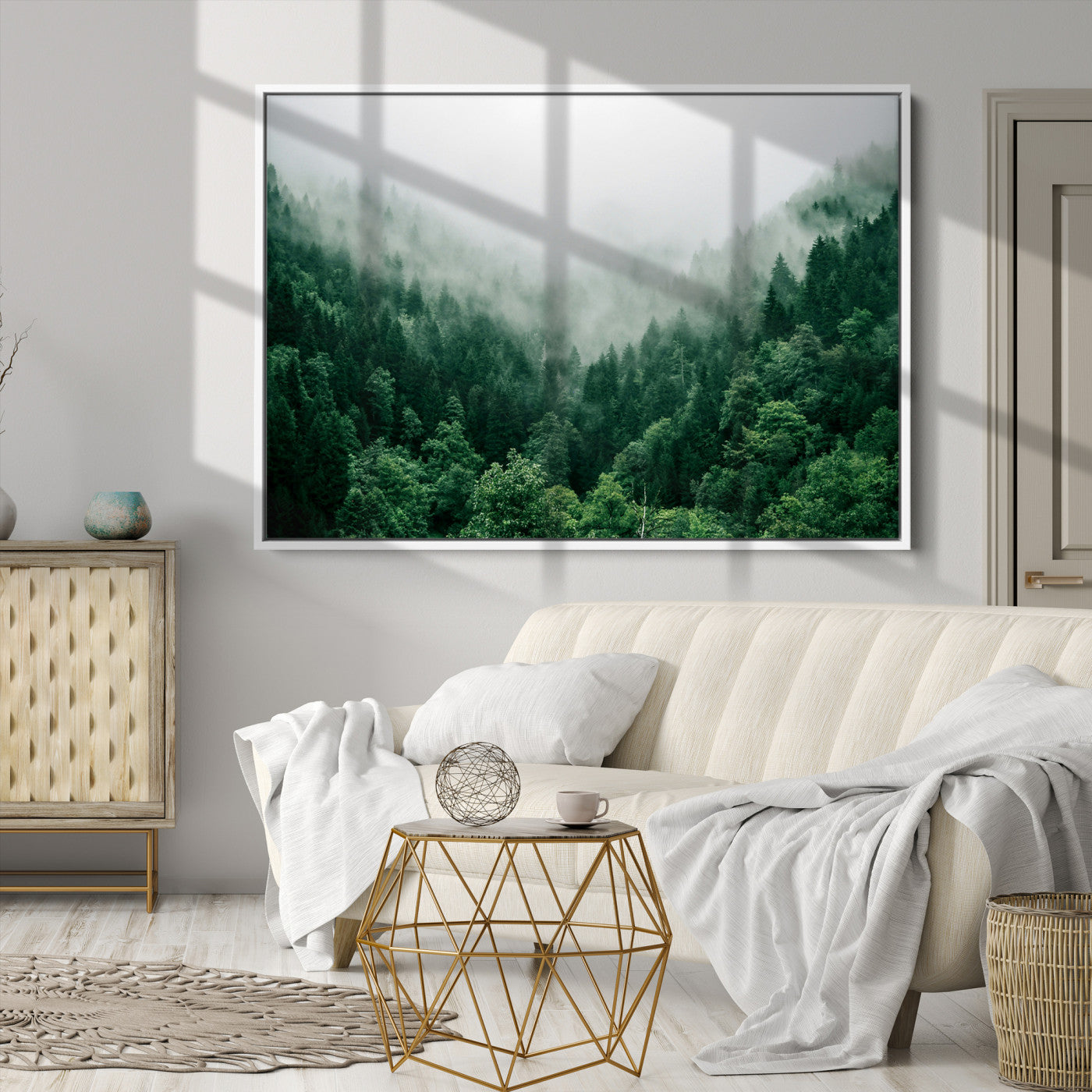 Misty Green Forest Canvas Print – Serene Foggy Pine Landscape Wall Art, Tranquil Nature Decor for Bedroom, Meditation Room & Modern Homes