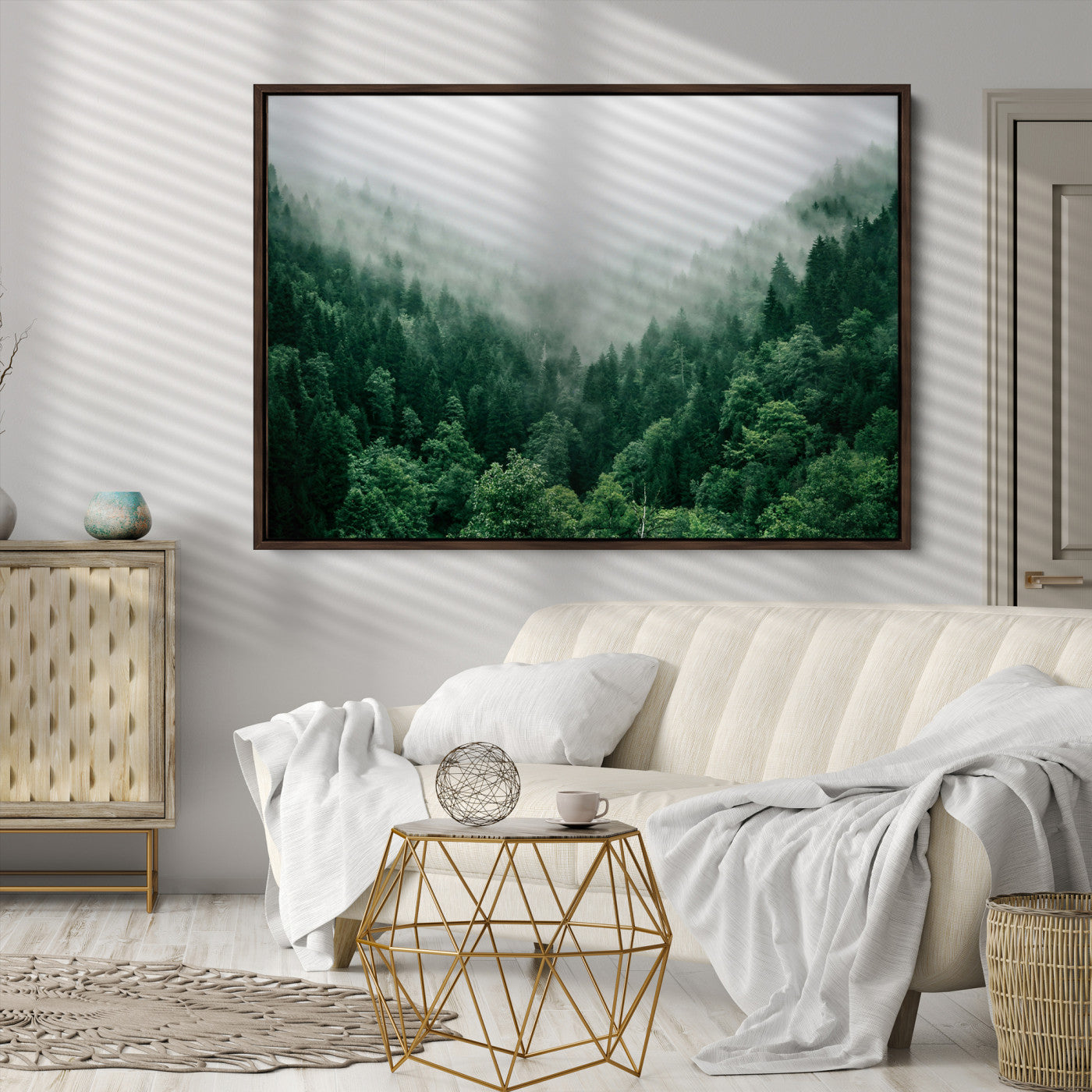 Misty Green Forest Canvas Print – Serene Foggy Pine Landscape Wall Art, Tranquil Nature Decor for Bedroom, Meditation Room & Modern Homes