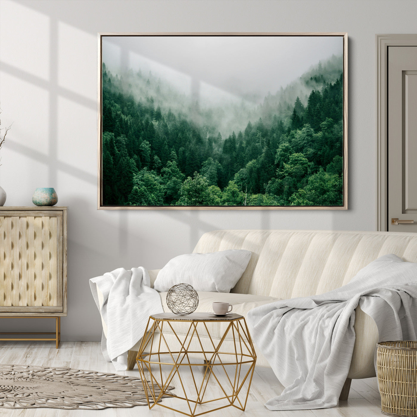 Misty Green Forest Canvas Print – Serene Foggy Pine Landscape Wall Art, Tranquil Nature Decor for Bedroom, Meditation Room & Modern Homes