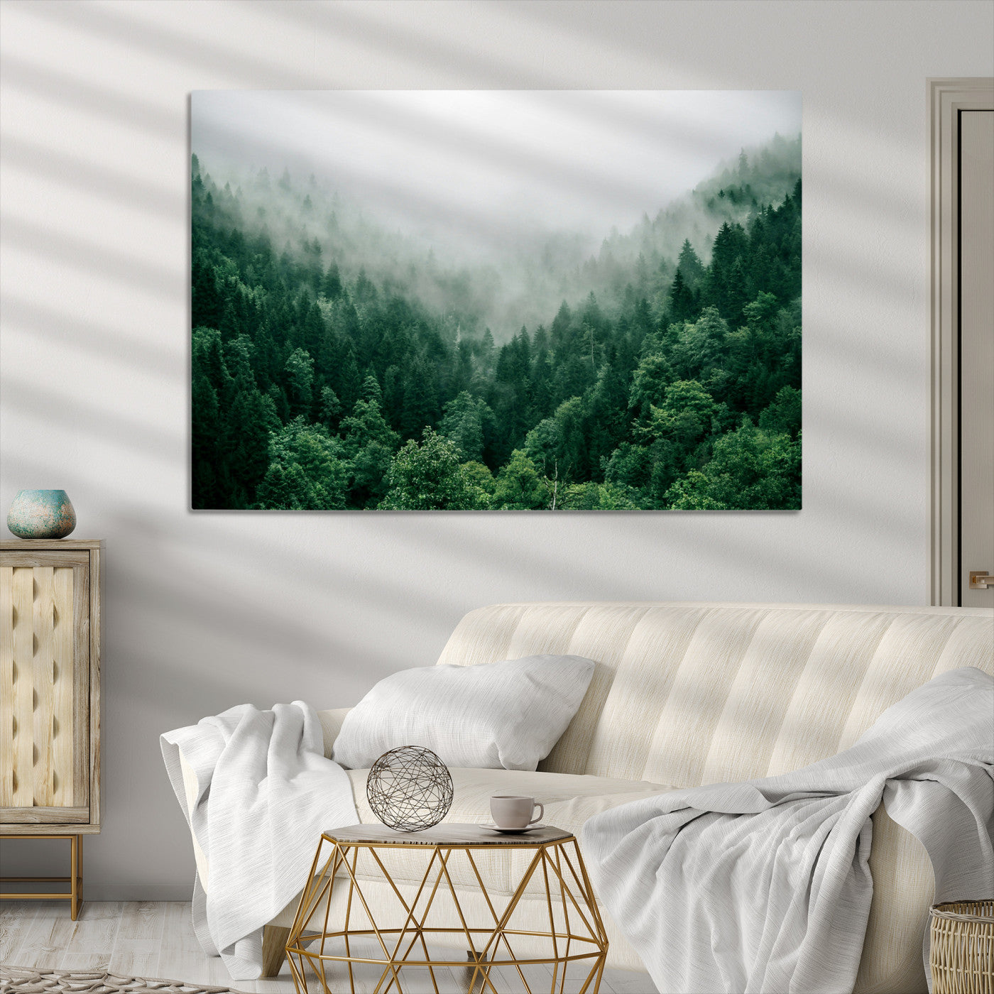 Misty Green Forest Canvas Print – Serene Foggy Pine Landscape Wall Art, Tranquil Nature Decor for Bedroom, Meditation Room & Modern Homes