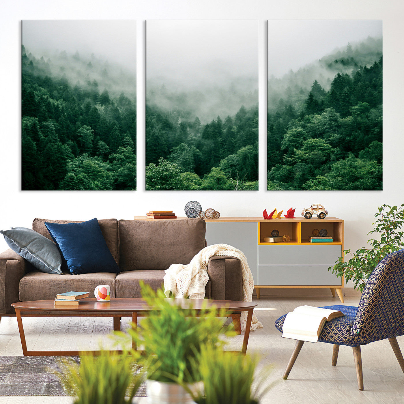 45265379-MGV-CV-36X24-Misty Green Forest Canvas Print – Serene Foggy Pine Landscape Wall Art, Tranquil Nature Decor for Bedroom, Meditation Room & Modern Homes