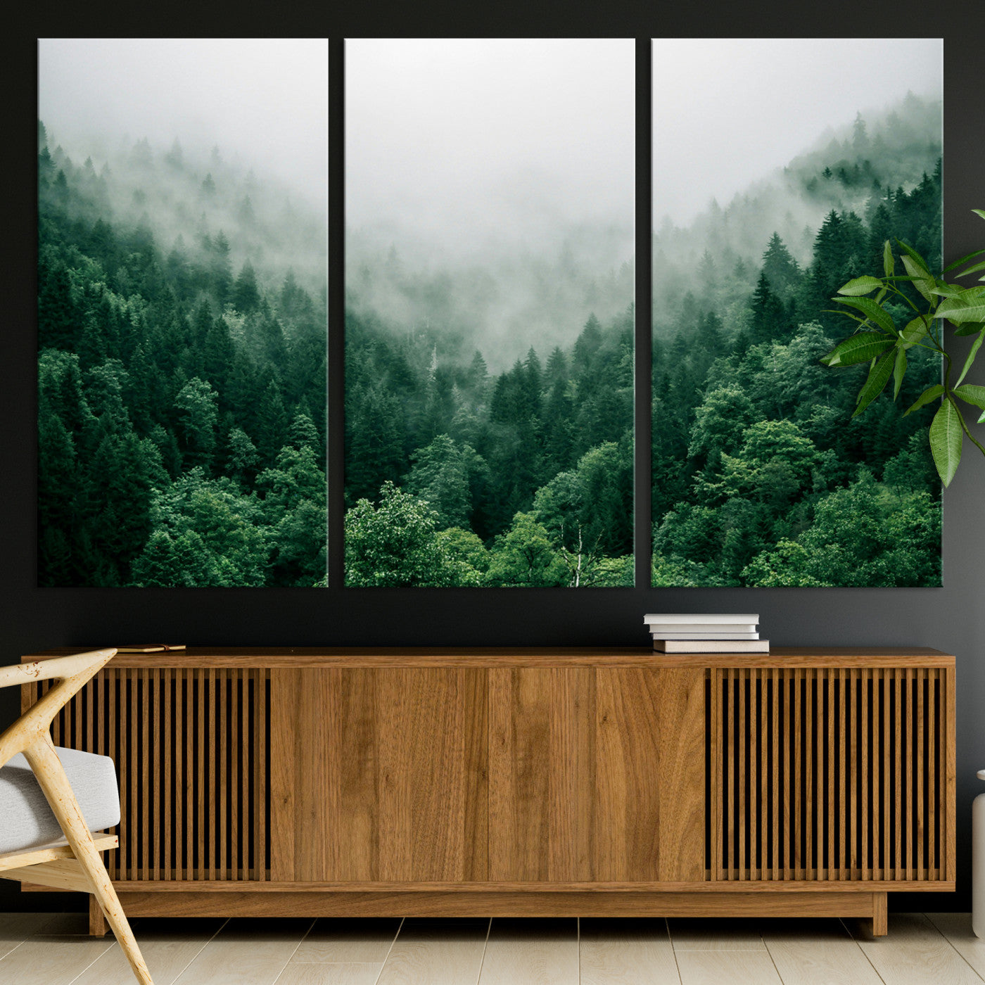 45265379-MGV-CV-36X24-Misty Green Forest Canvas Print – Serene Foggy Pine Landscape Wall Art, Tranquil Nature Decor for Bedroom, Meditation Room & Modern Homes