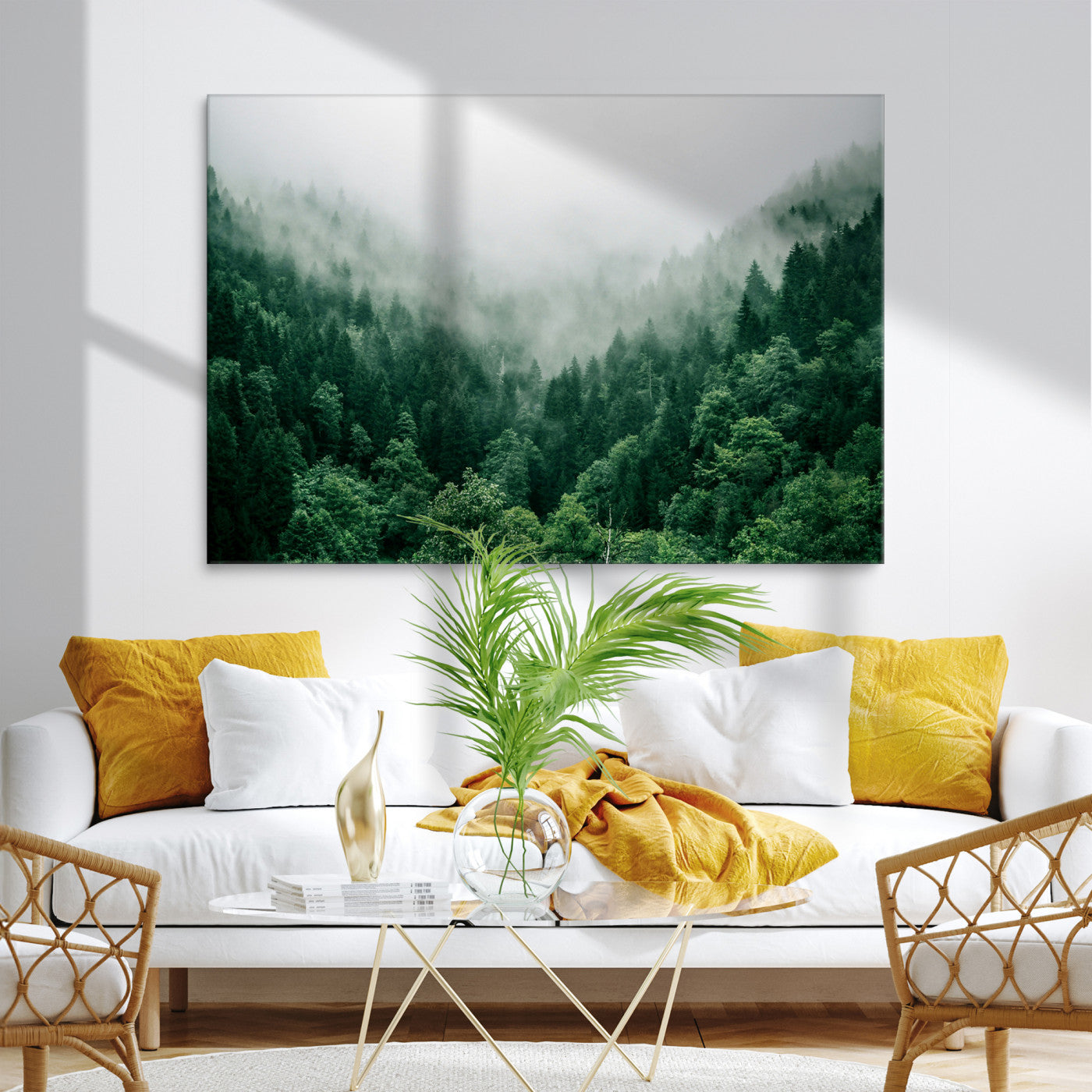 Misty Green Forest Canvas Print – Serene Foggy Pine Landscape Wall Art, Tranquil Nature Decor for Bedroom, Meditation Room & Modern Homes