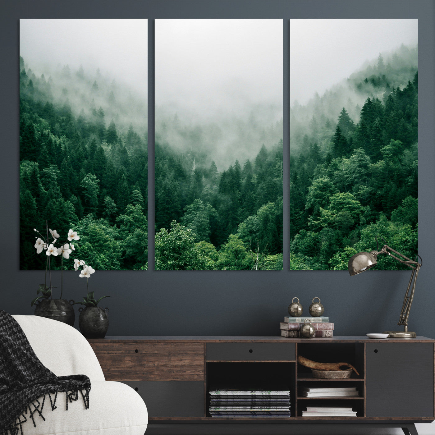 45265379-MGV-CV-36X24-Misty Green Forest Canvas Print – Serene Foggy Pine Landscape Wall Art, Tranquil Nature Decor for Bedroom, Meditation Room & Modern Homes