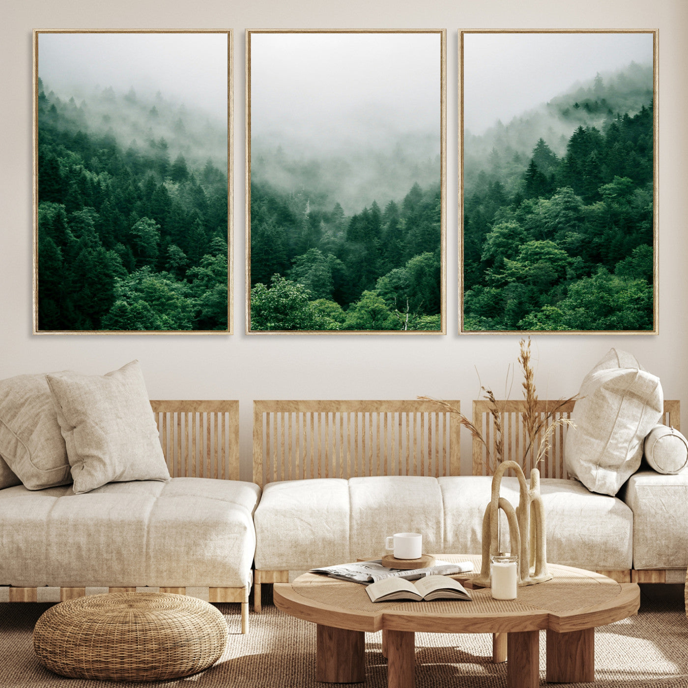 45265379-MGV-CV-36X24-Misty Green Forest Canvas Print – Serene Foggy Pine Landscape Wall Art, Tranquil Nature Decor for Bedroom, Meditation Room & Modern Homes