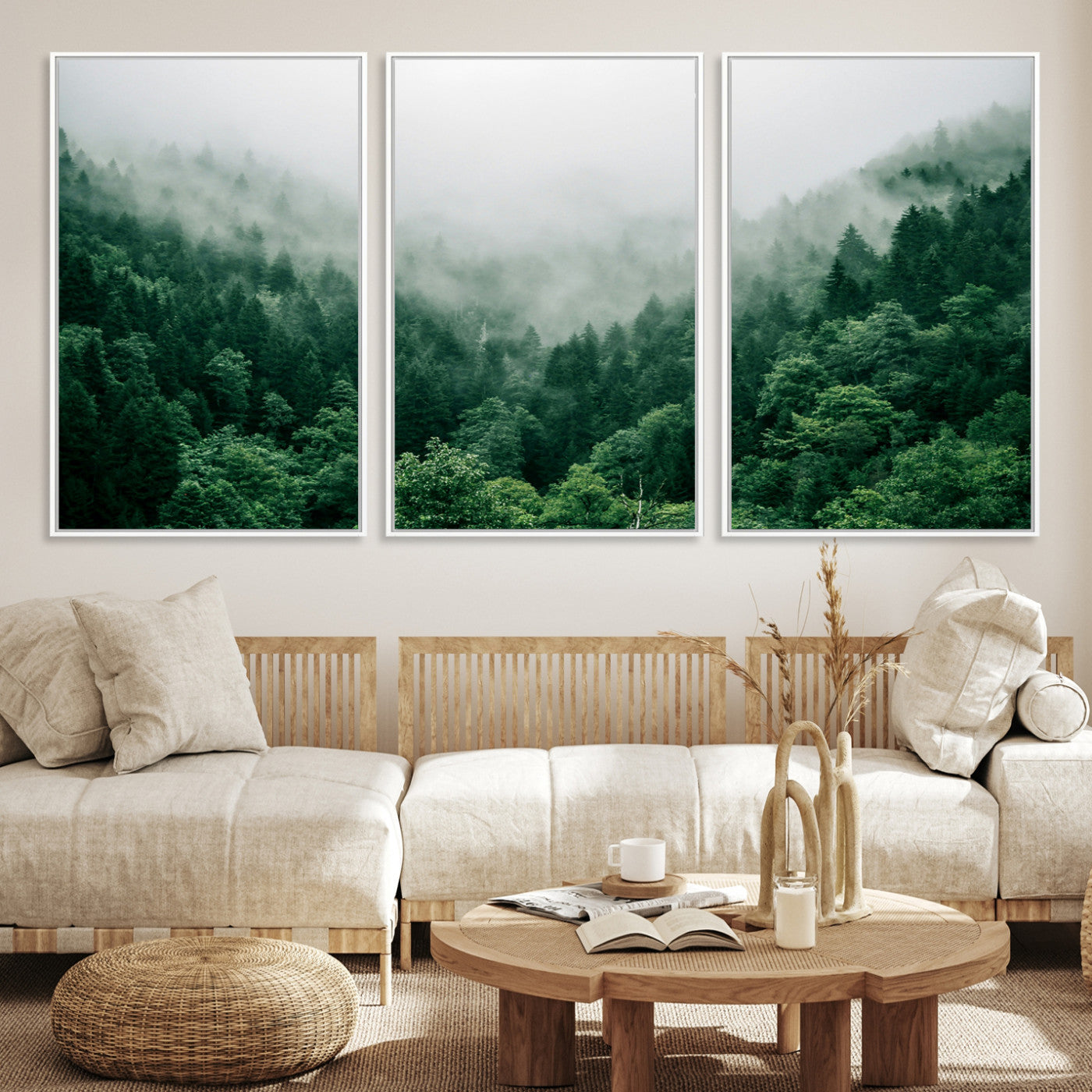 45265379-MGV-CV-36X24-Misty Green Forest Canvas Print – Serene Foggy Pine Landscape Wall Art, Tranquil Nature Decor for Bedroom, Meditation Room & Modern Homes