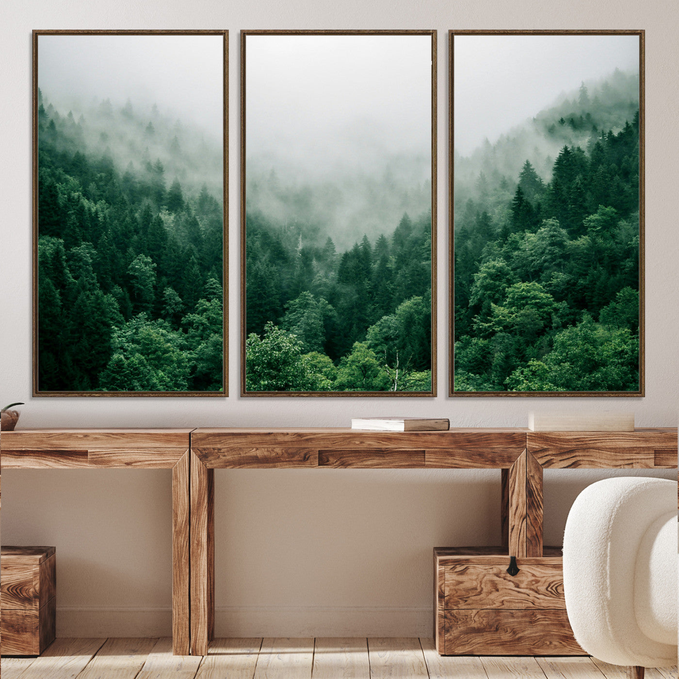 45265379-MGV-CV-36X24-Misty Green Forest Canvas Print – Serene Foggy Pine Landscape Wall Art, Tranquil Nature Decor for Bedroom, Meditation Room & Modern Homes