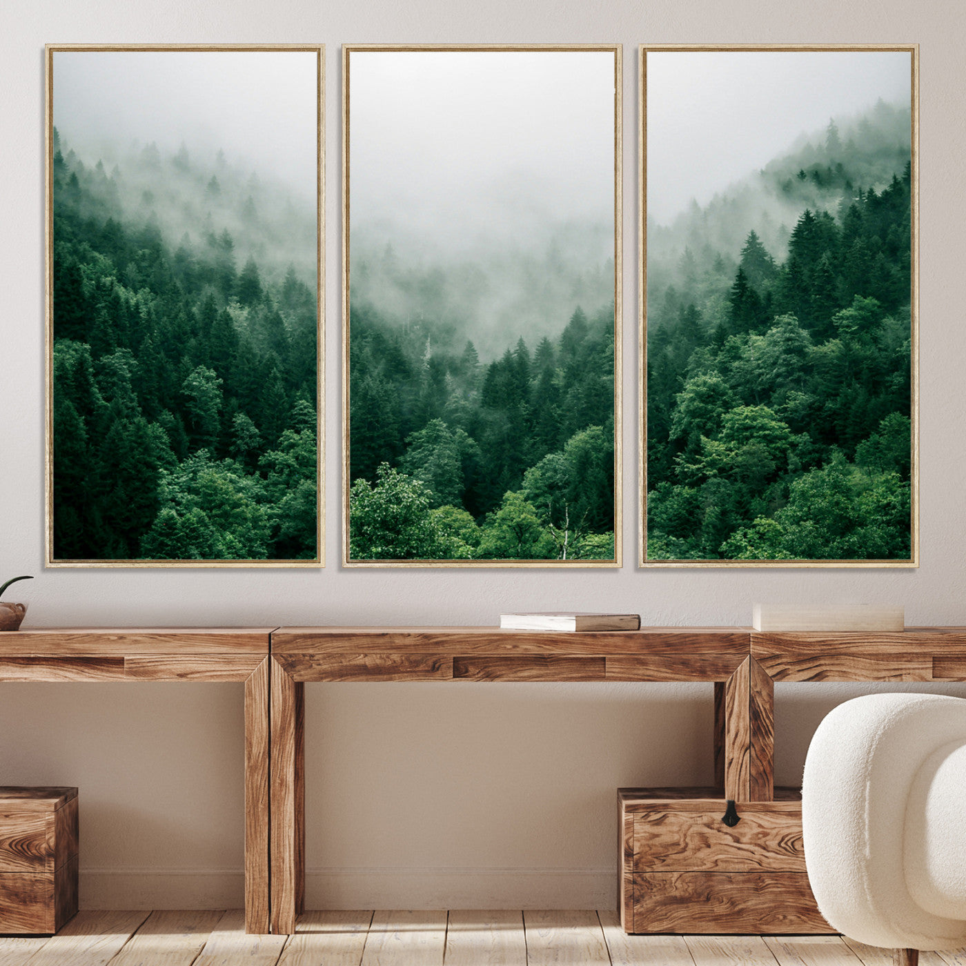 45265379-MGV-CV-36X24-Misty Green Forest Canvas Print – Serene Foggy Pine Landscape Wall Art, Tranquil Nature Decor for Bedroom, Meditation Room & Modern Homes