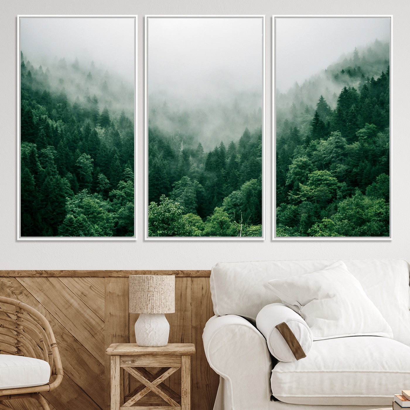 45265379-MGV-CV-36X24-Misty Green Forest Canvas Print – Serene Foggy Pine Landscape Wall Art, Tranquil Nature Decor for Bedroom, Meditation Room & Modern Homes