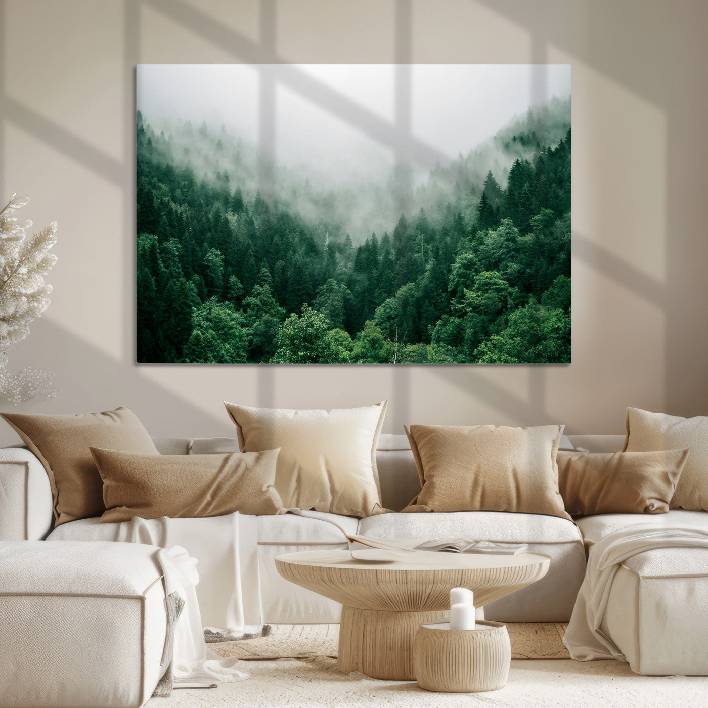 Misty Green Forest Canvas Print – Serene Foggy Pine Landscape Wall Art, Tranquil Nature Decor for Bedroom, Meditation Room & Modern Homes