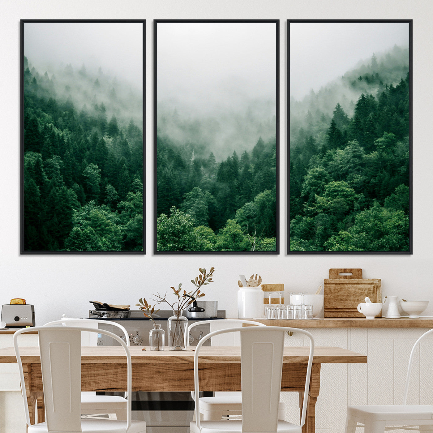 45265379-MGV-CV-36X24-Misty Green Forest Canvas Print – Serene Foggy Pine Landscape Wall Art, Tranquil Nature Decor for Bedroom, Meditation Room & Modern Homes