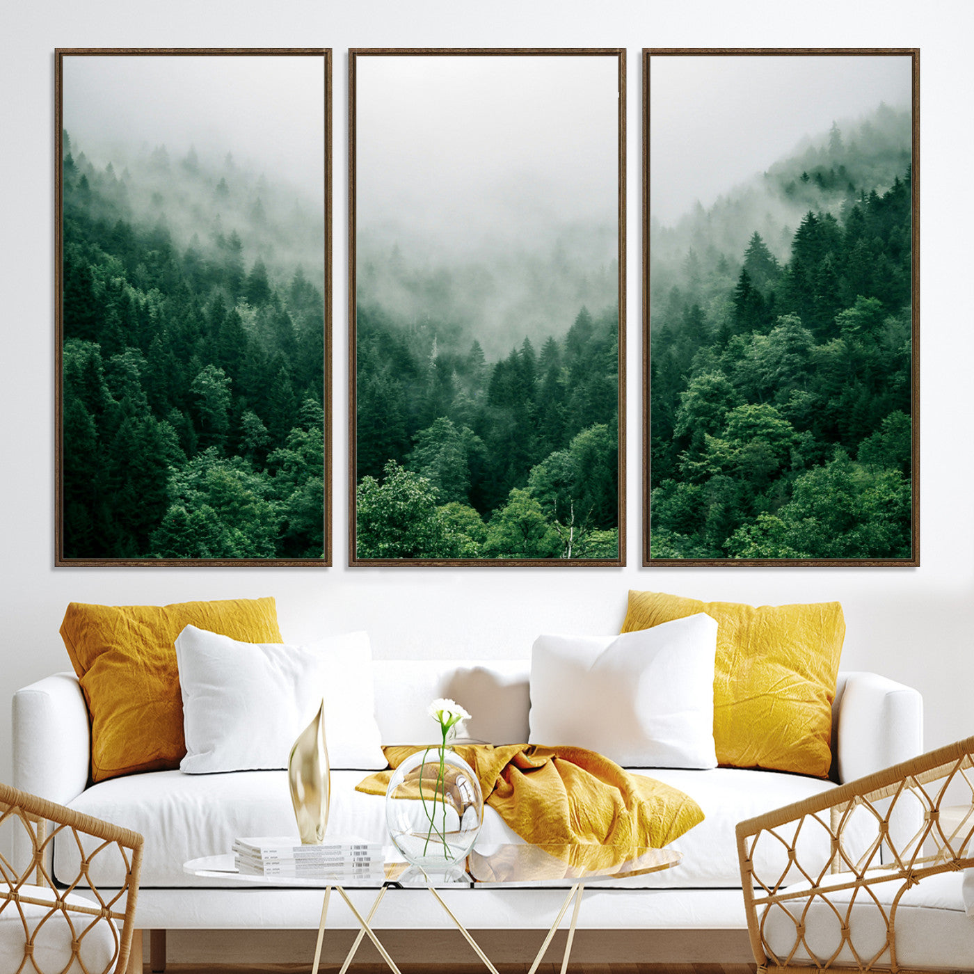 45265379-MGV-CV-36X24-Misty Green Forest Canvas Print – Serene Foggy Pine Landscape Wall Art, Tranquil Nature Decor for Bedroom, Meditation Room & Modern Homes