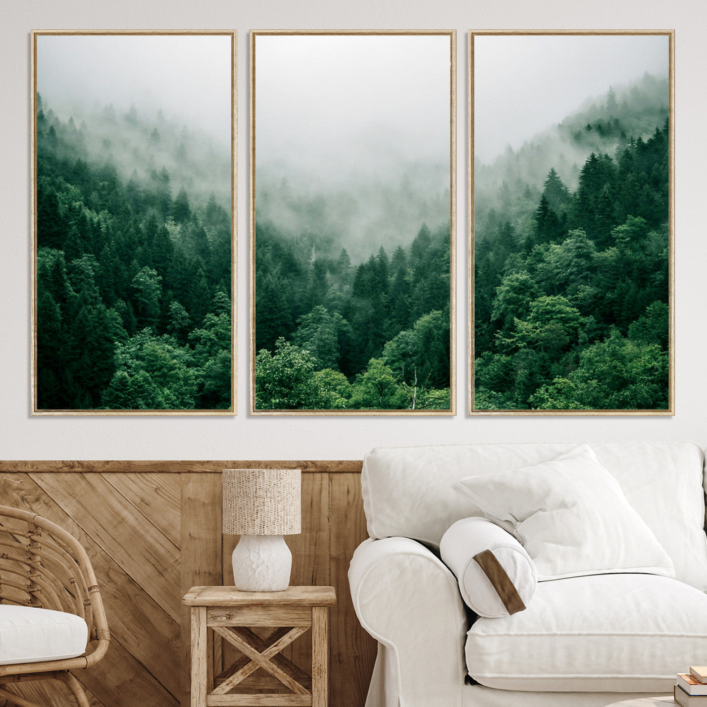45265379-MGV-CV-36X24-Misty Green Forest Canvas Print – Serene Foggy Pine Landscape Wall Art, Tranquil Nature Decor for Bedroom, Meditation Room & Modern Homes