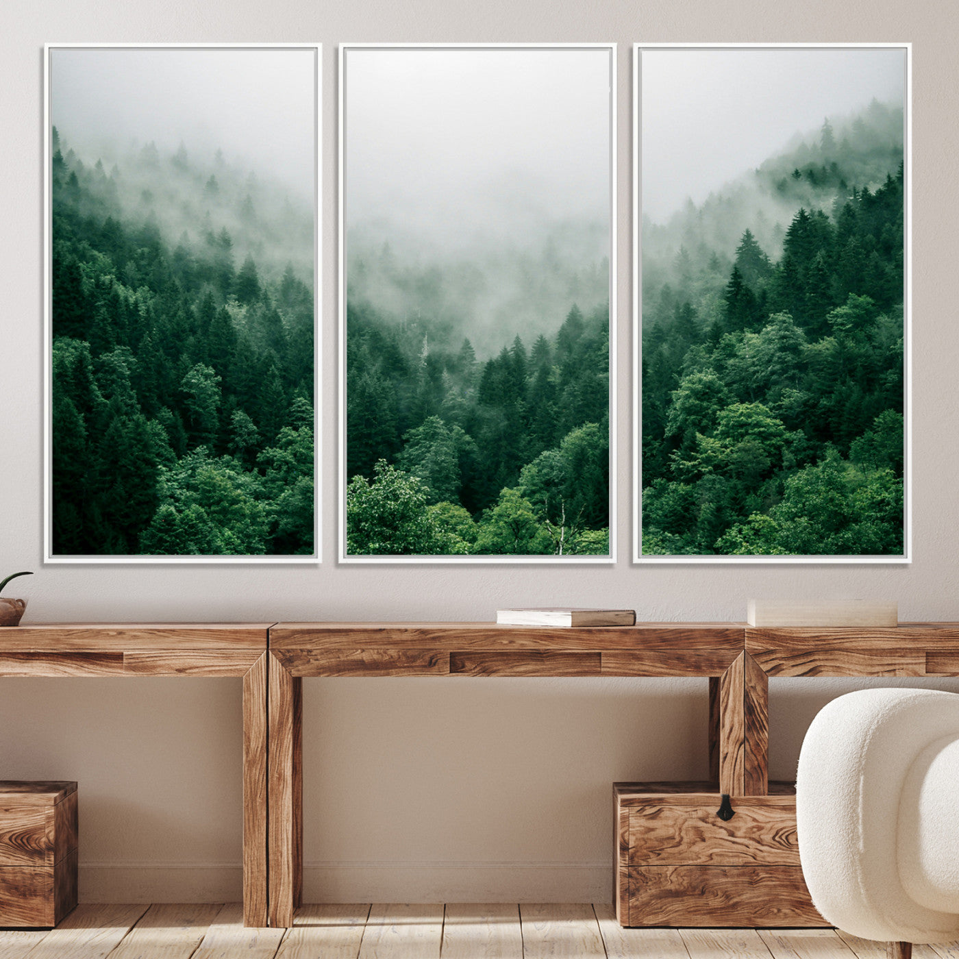45265379-MGV-CV-36X24-Misty Green Forest Canvas Print – Serene Foggy Pine Landscape Wall Art, Tranquil Nature Decor for Bedroom, Meditation Room & Modern Homes