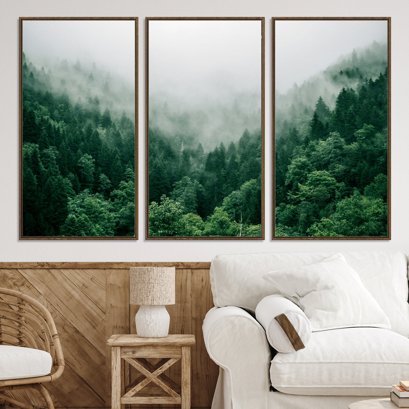 45265379-MGV-CV-36X24-Misty Green Forest Canvas Print – Serene Foggy Pine Landscape Wall Art, Tranquil Nature Decor for Bedroom, Meditation Room & Modern Homes
