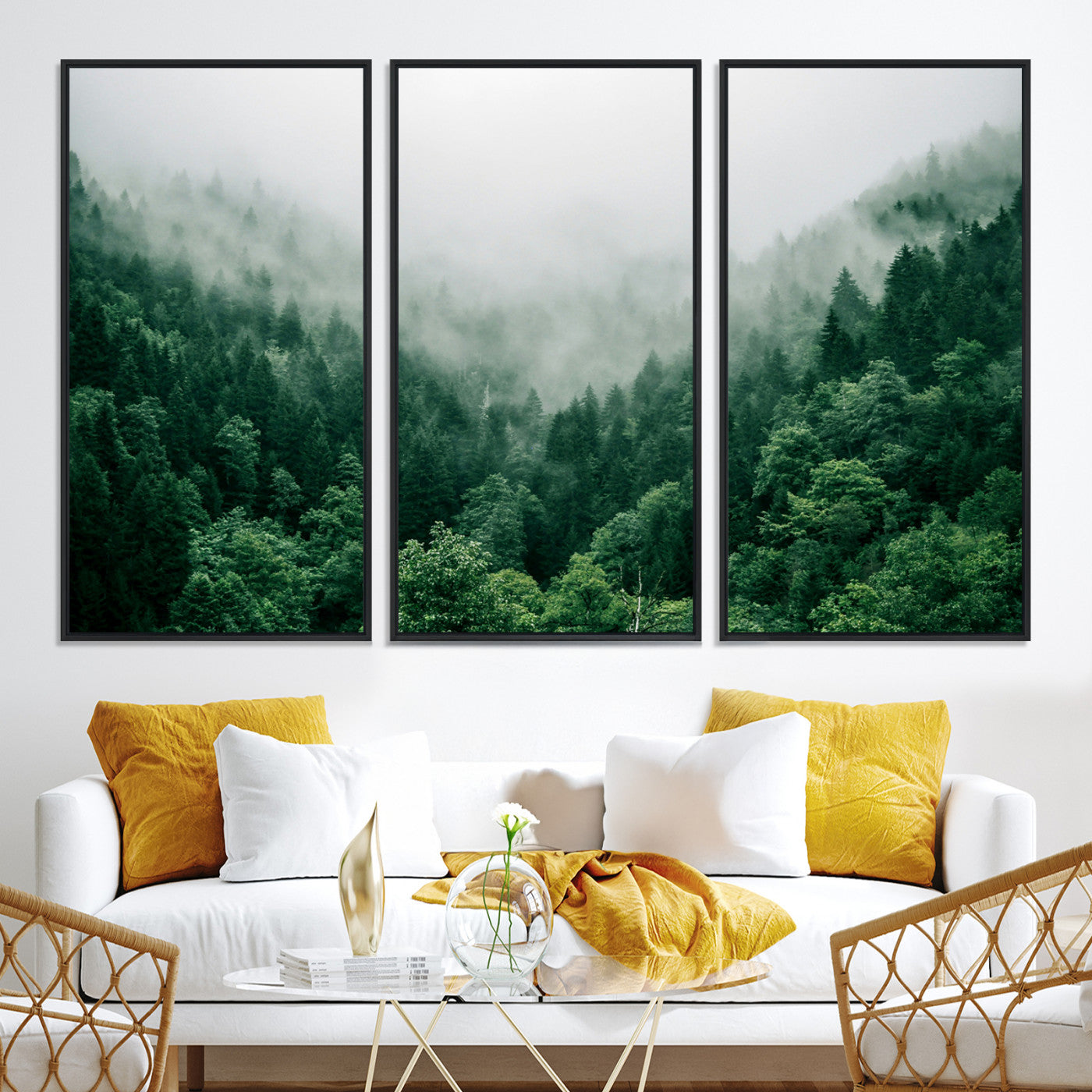 45265379-MGV-CV-36X24-Misty Green Forest Canvas Print – Serene Foggy Pine Landscape Wall Art, Tranquil Nature Decor for Bedroom, Meditation Room & Modern Homes
