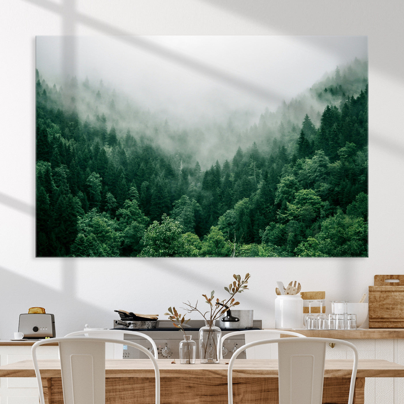 Misty Green Forest Canvas Print – Serene Foggy Pine Landscape Wall Art, Tranquil Nature Decor for Bedroom, Meditation Room & Modern Homes