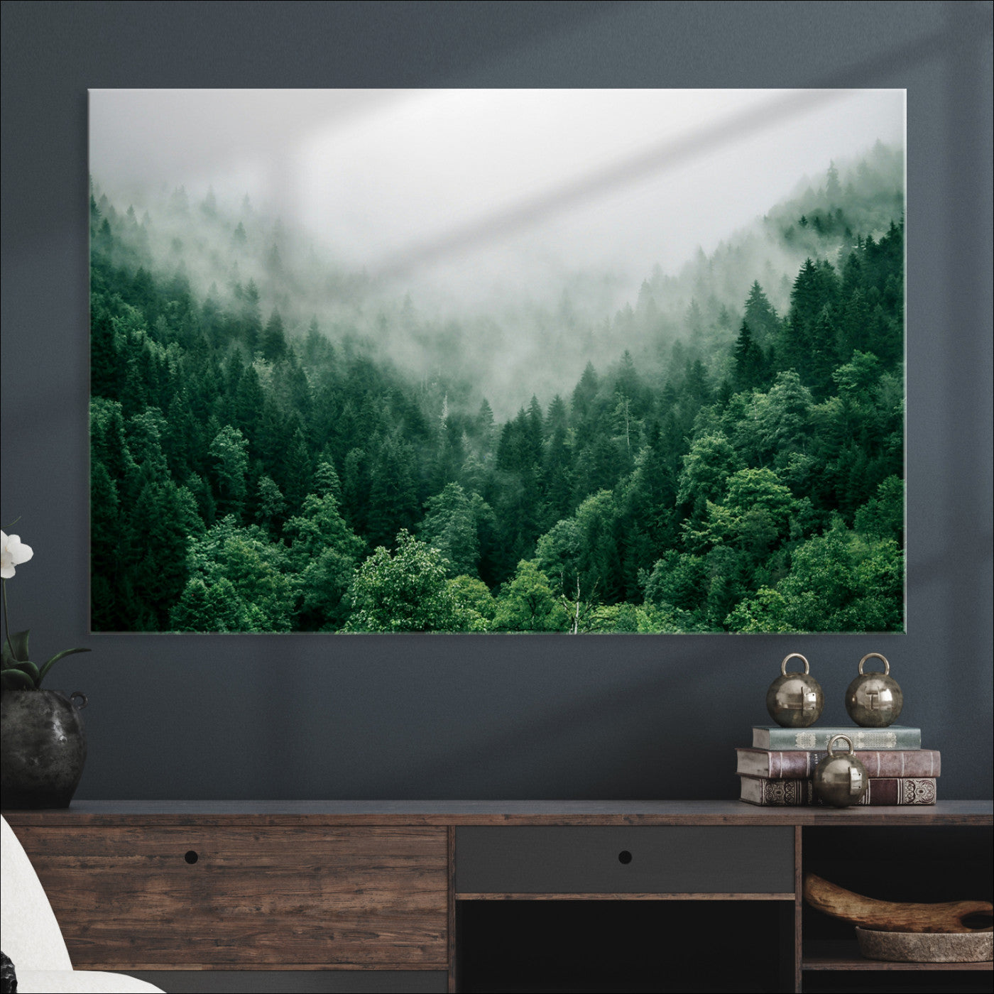 Misty Green Forest Canvas Print – Serene Foggy Pine Landscape Wall Art, Tranquil Nature Decor for Bedroom, Meditation Room & Modern Homes