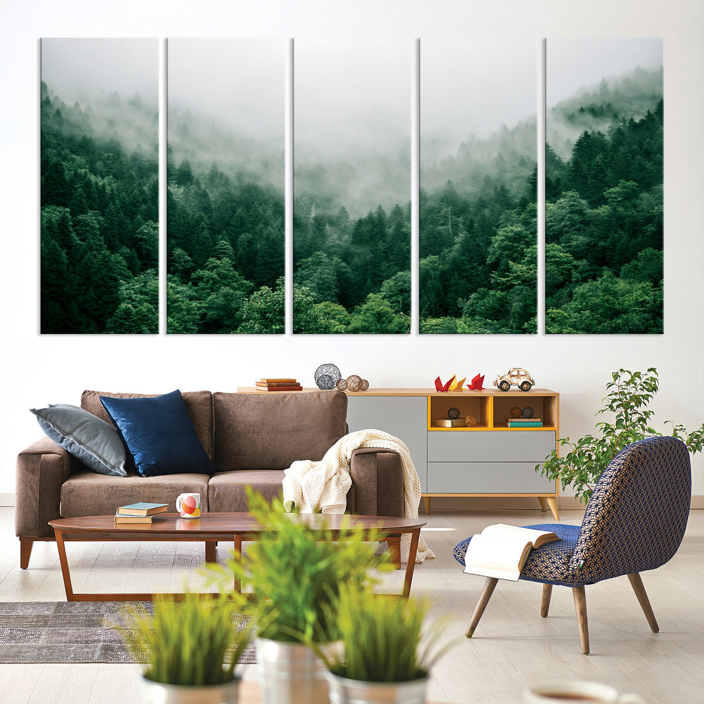 45265379-MGV-CV-60X31-5P-Misty Green Forest Canvas Print – Serene Foggy Pine Landscape Wall Art, Tranquil Nature Decor for Bedroom, Meditation Room & Modern Homes