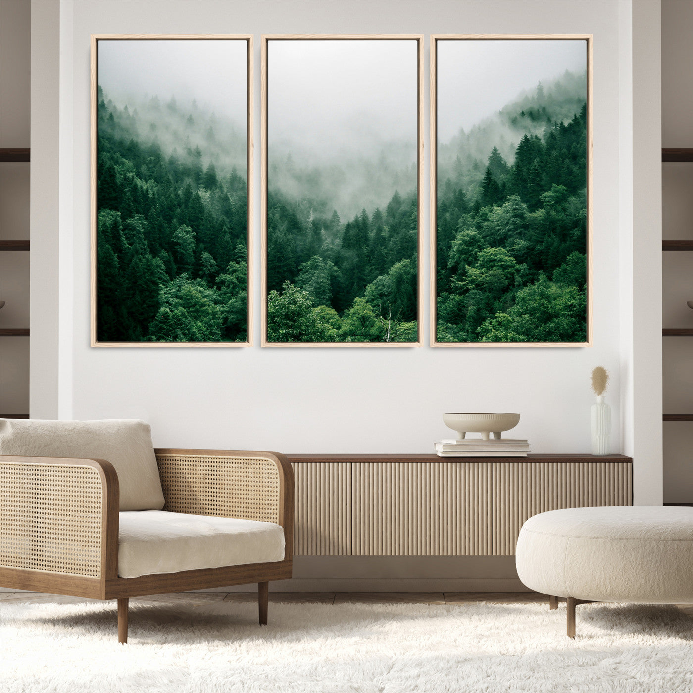 45265379-MGV-FC-48X32-3P_Natural-Misty Green Forest Canvas Print – Serene Foggy Pine Landscape Wall Art, Tranquil Nature Decor for Bedroom, Meditation Room & Modern Homes