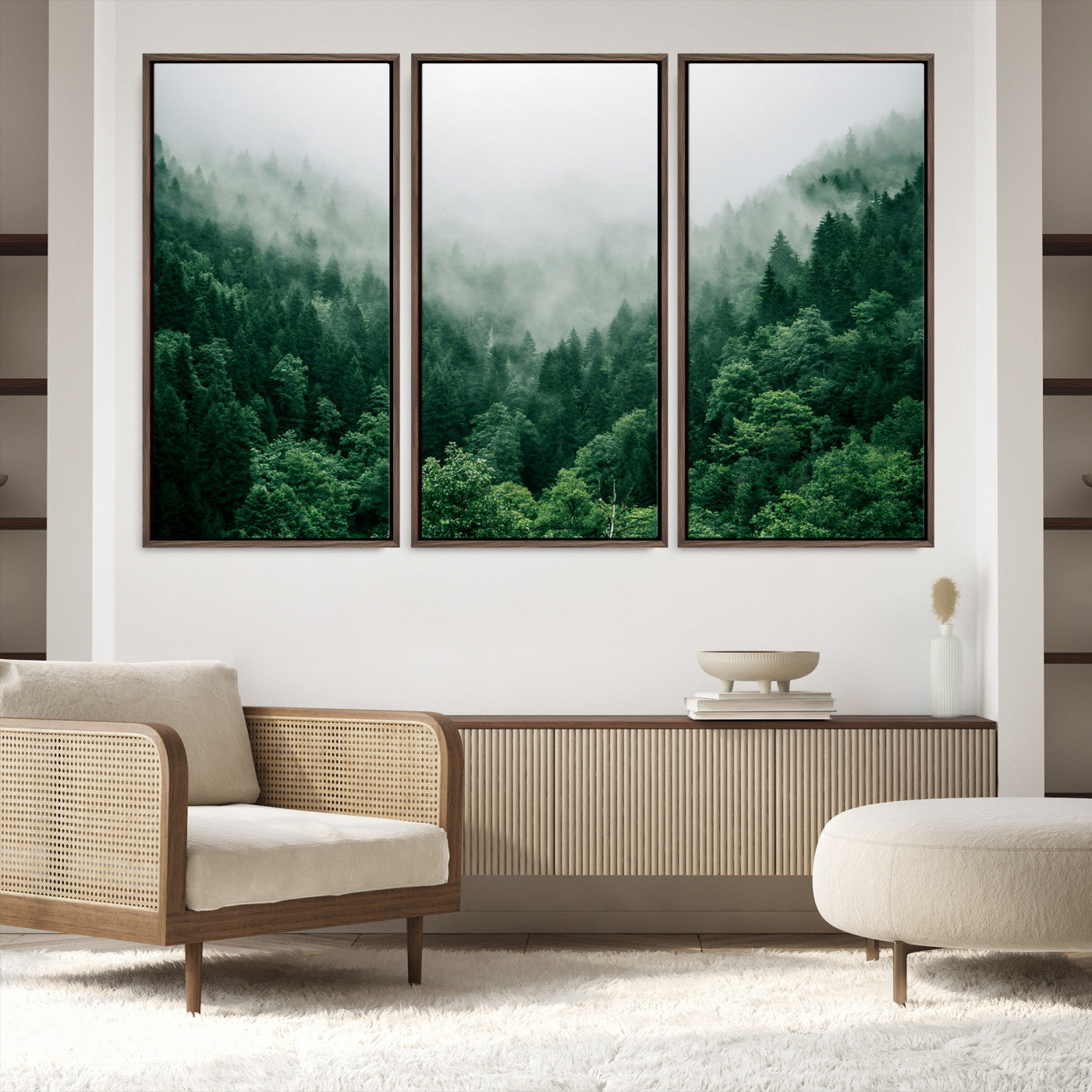 45265379-MGV-FC-48X32-3P_Walnut-Misty Green Forest Canvas Print – Serene Foggy Pine Landscape Wall Art, Tranquil Nature Decor for Bedroom, Meditation Room & Modern Homes