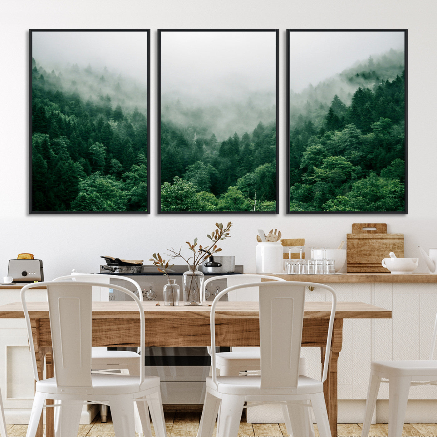 45265379-MGV-FC-60X30-3P_Black-Misty Green Forest Canvas Print – Serene Foggy Pine Landscape Wall Art, Tranquil Nature Decor for Bedroom, Meditation Room & Modern Homes