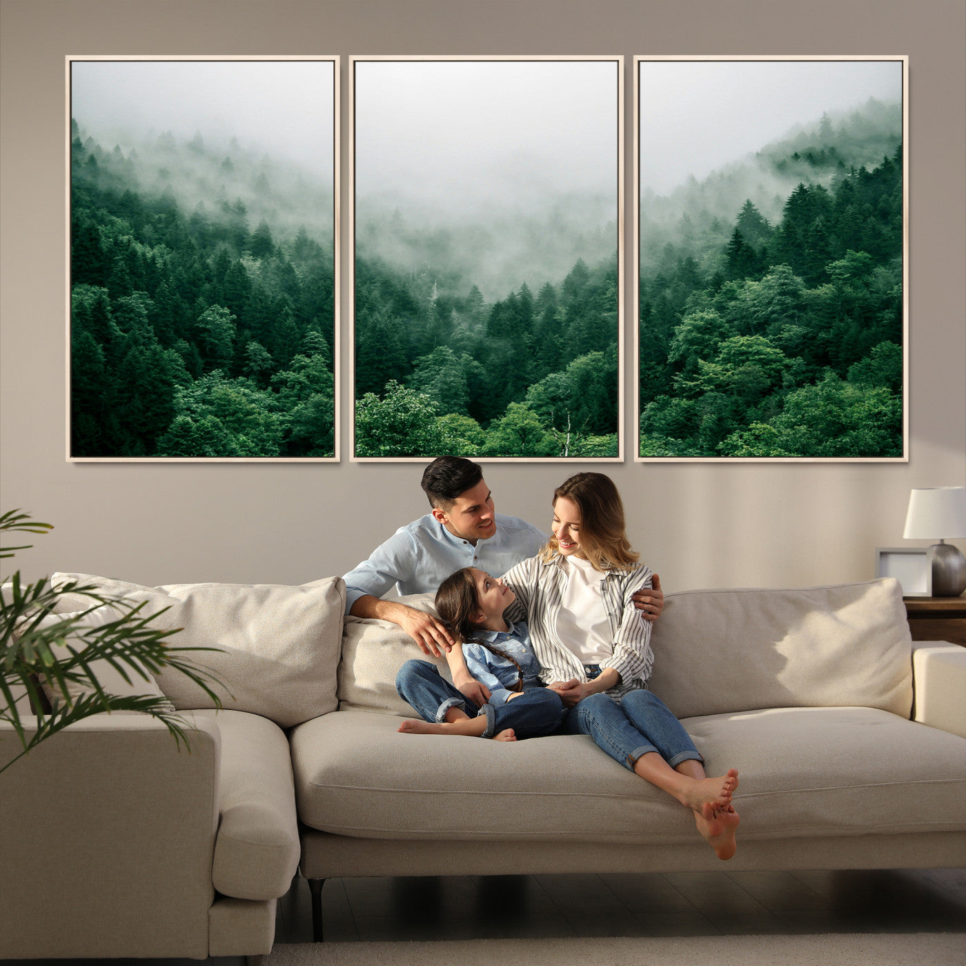 45265379-MGV-FC-60X30-3P_Natural-Misty Green Forest Canvas Print – Serene Foggy Pine Landscape Wall Art, Tranquil Nature Decor for Bedroom, Meditation Room & Modern Homes